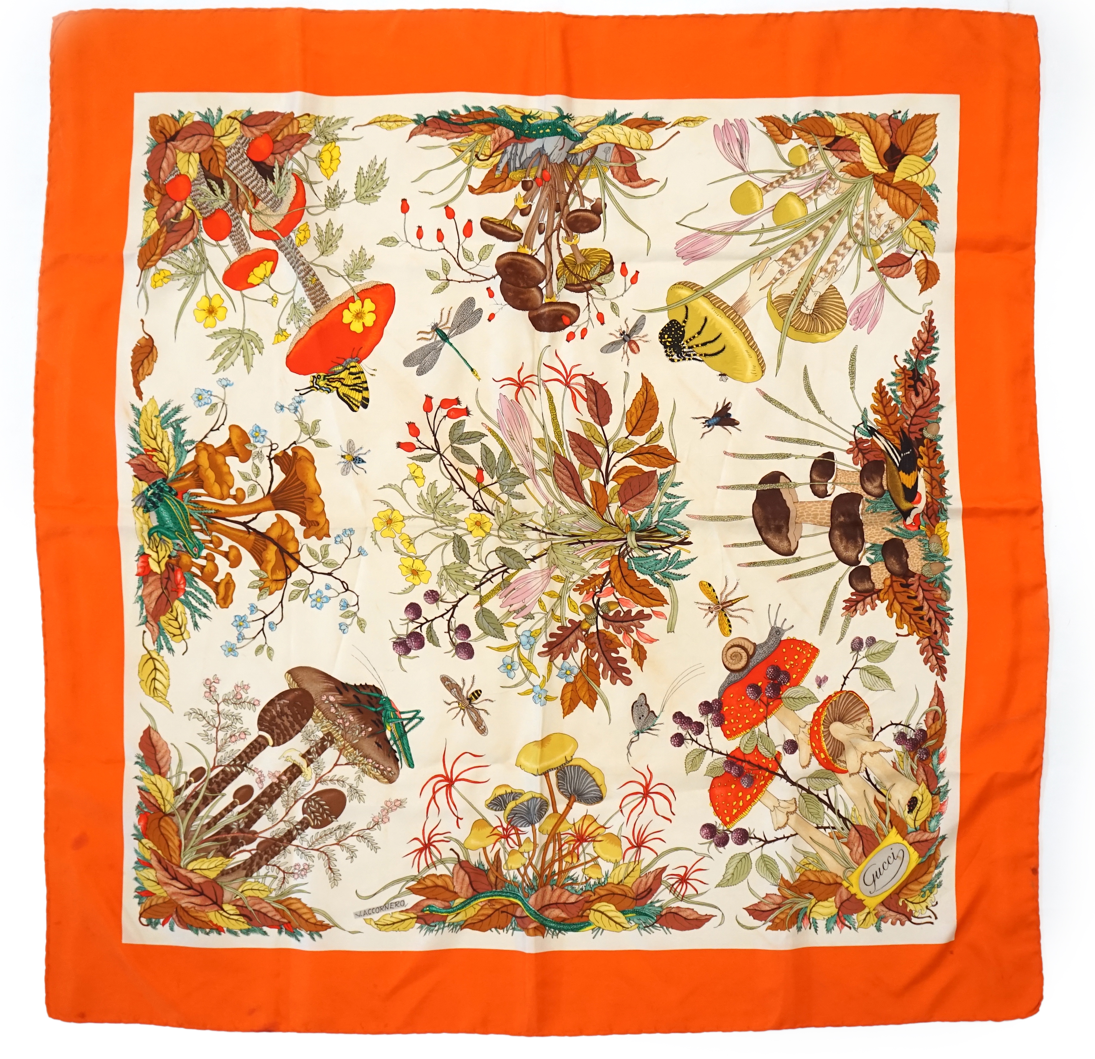 A Gucci vintage red floral silk scarf 'Funghi Mushrooms' by Vittorio Accornero, 87cm x 85cm